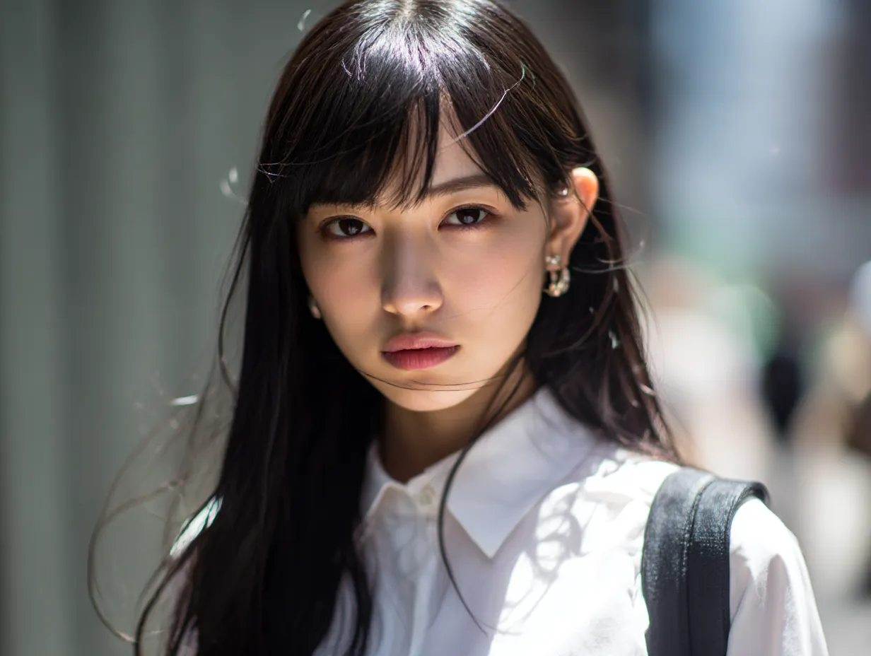 キツネ顔写真・まっすぐな光と決意の顔｜日差しの下で髪が揺れるキツネ顔写真。強い眼差しと白シャツの清潔感が、揺るぎない意志と気高さを伝える、印象に残るストレートな構図。