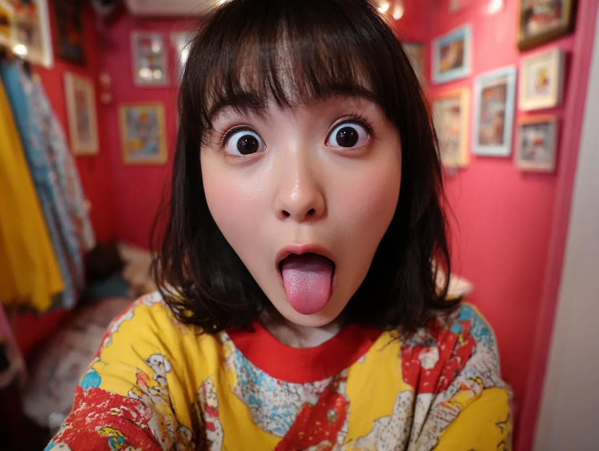 面白い顔写真・びっくり舌出しガール｜ビビッドな背景と大きな瞳、舌出しのインパクトが抜群の面白い顔写真。カラフルな服と明るい照明が、ポップで愉快な世界観を演出している。