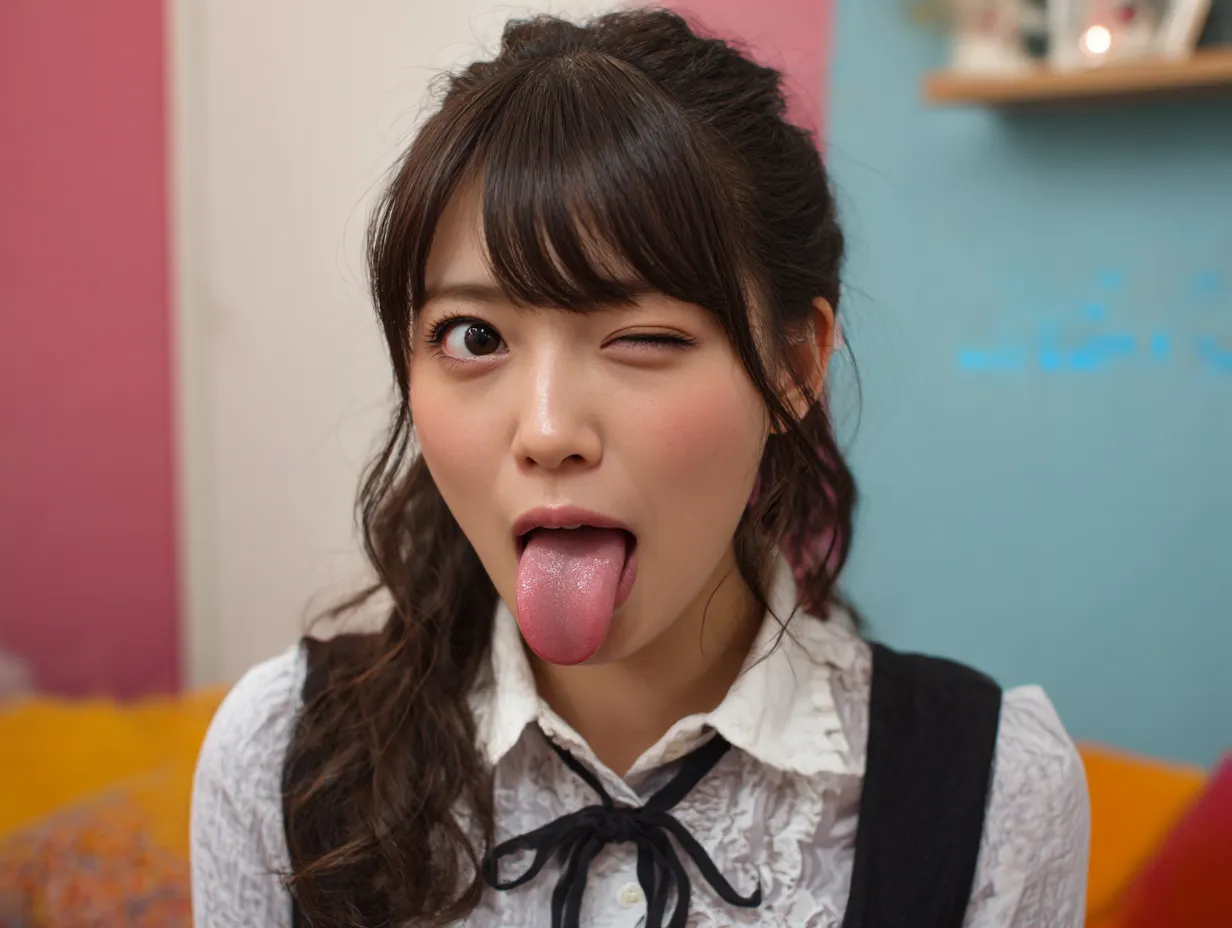 面白い顔写真・ウィンク舌出し少女｜キュートな制服スタイルに、思い切った表情を合わせた面白い顔写真。ウィンク＋舌出しの定番ポーズが、ユーモアと愛嬌を兼ね備えた印象に。