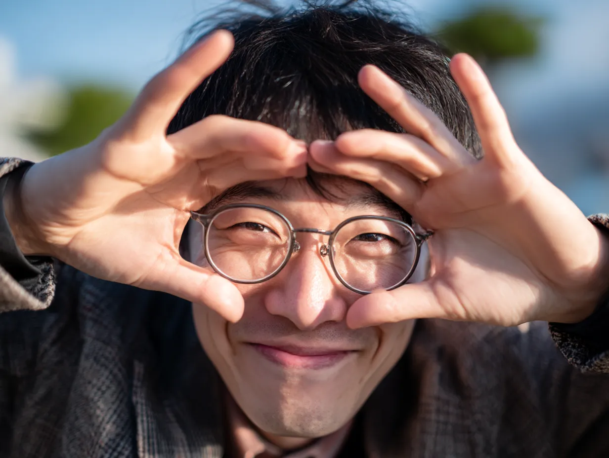 面白い顔写真・メガネ越しの覗きポーズ｜手で丸を作って覗く動作が特徴的な面白い顔写真。笑顔とメガネがアクセントとなり、陽気で親しみのあるコミカルな人物像を表している。