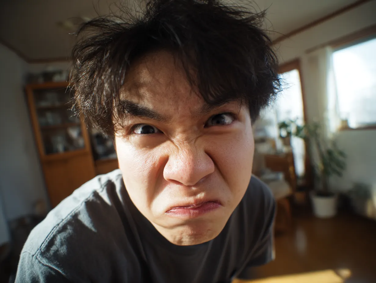面白い顔写真・ドアップ怒り顔男子｜カメラに思い切り顔を近づけた構図と、全力の怒り表情が印象的な面白い顔写真。日常の中の非日常感をユニークに切り取った作品。