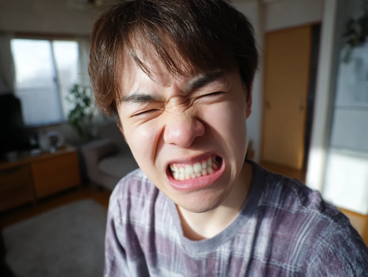 面白い顔写真・くしゃっと全力しかめ面｜顔を大きく歪めて笑いを誘うしかめ面が主役の面白い顔写真。自然光と室内の柔らかさが対比となり、やりすぎ感がかえって魅力に。