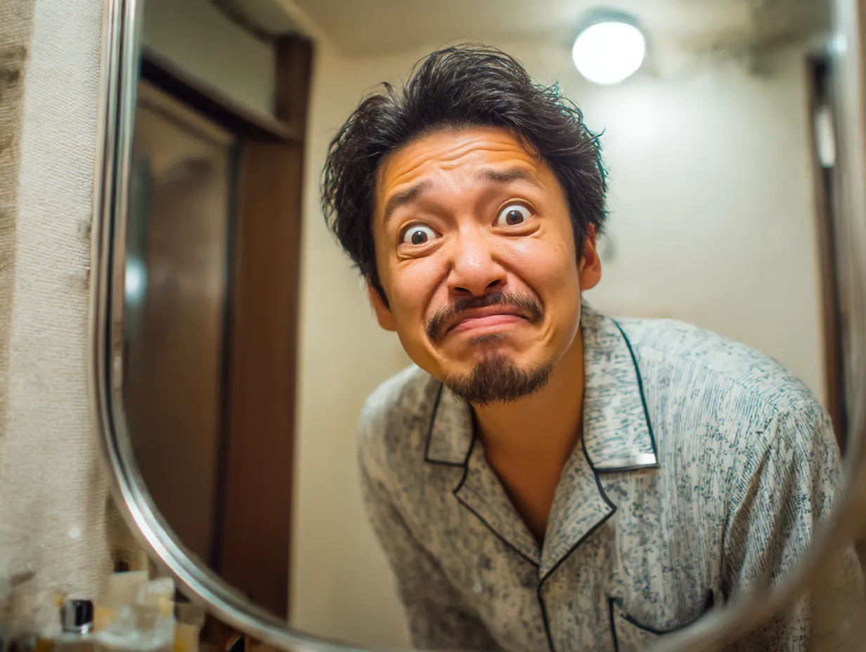 面白い顔写真・洗面台前の仰天リアクション｜鏡越しの表情とパジャマ姿がリアルさを加える面白い顔写真。大げさな驚き顔と身近な風景が、コミカルでドラマ仕立ての印象を与えている。