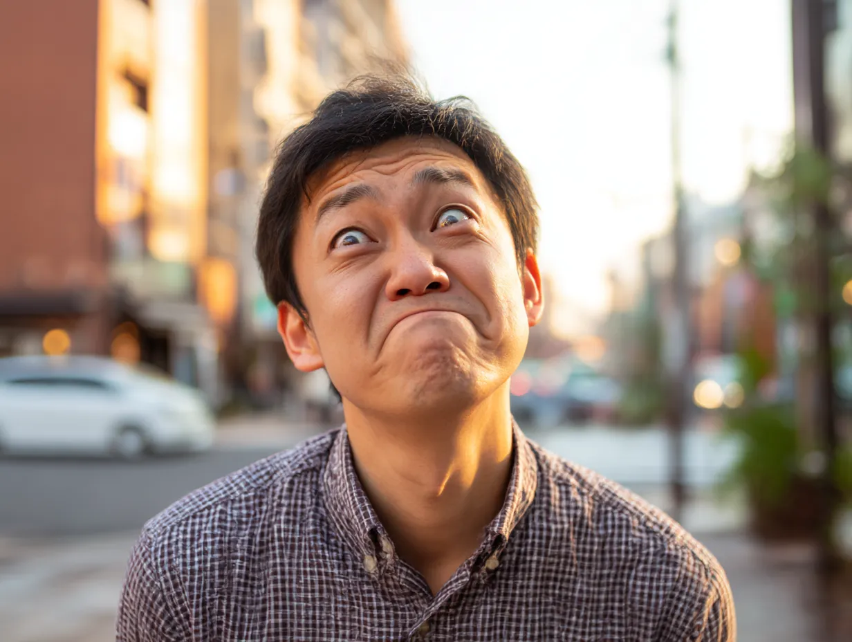 変顔写真・見上げる困惑フェイス｜街中で夕陽に照らされながら、目線を上に向けて顔を歪める変顔写真。表情と状況のミスマッチが、独特の笑いを生み出すシュールな一枚。