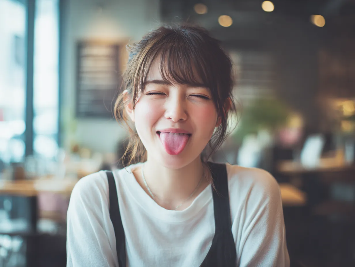 変顔写真・カフェでぺろっとおちゃめ｜カフェのやわらかな光に包まれた空間で、舌を出しウインクする変顔写真。親しみやすさと茶目っ気が混ざり合う、日常の中のユニークさが光る。