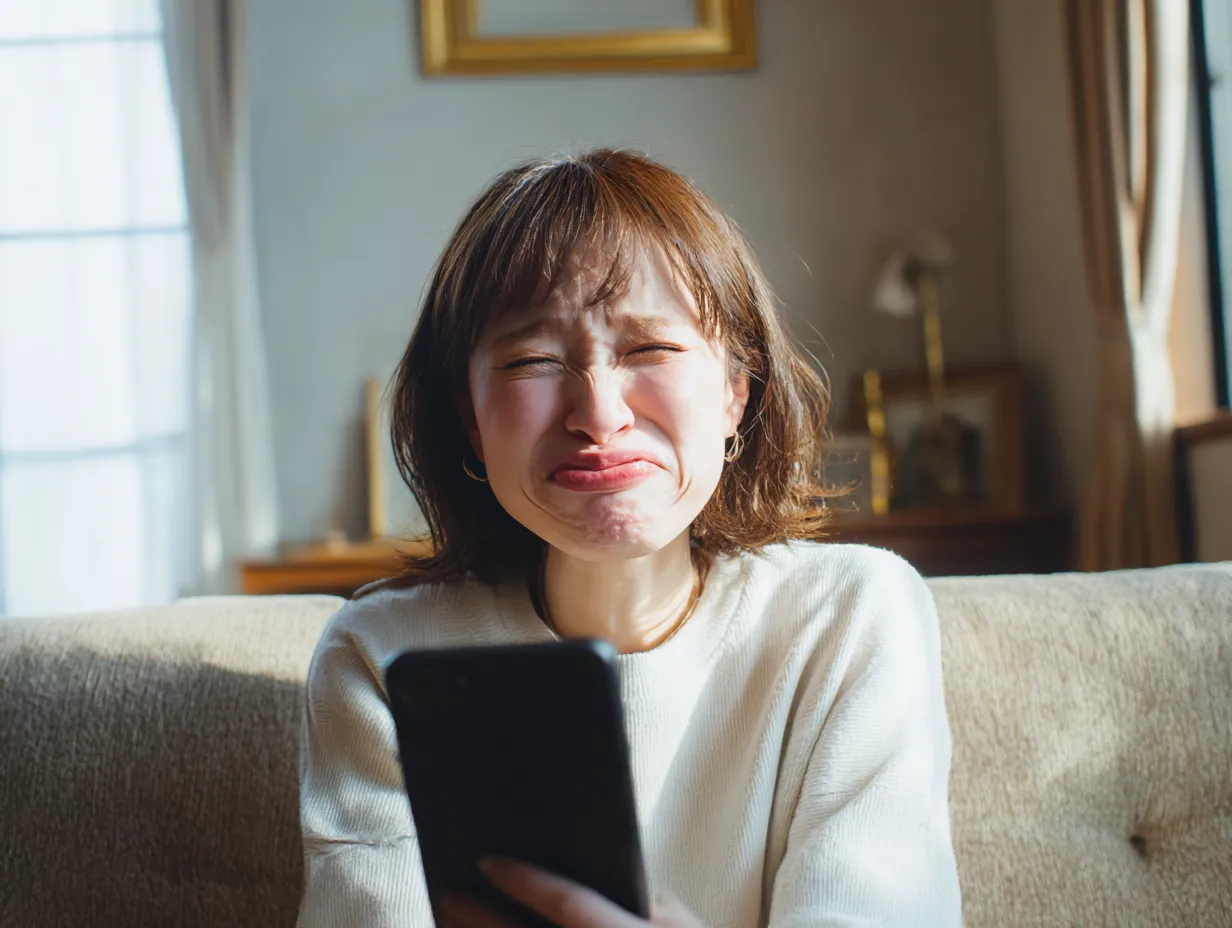変顔写真・スマホと格闘中のゆがみ顔｜室内光の中、スマホ片手に顔をくしゃっと歪めた変顔写真。リアルな感情の瞬間が切り取られたようで、臨場感とユーモアが共存する構図。