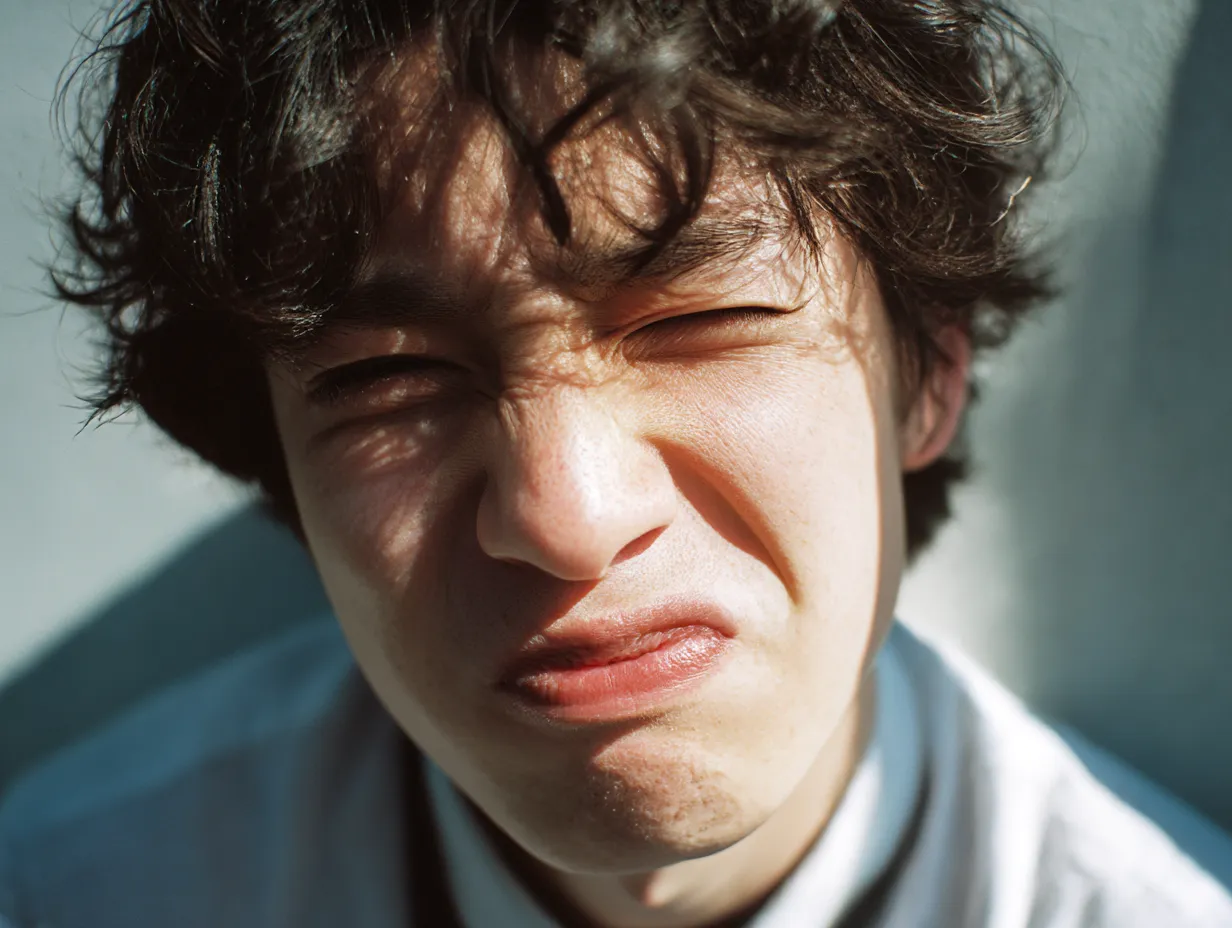 変顔写真・日差しと戦うしかめ顔男子｜強い逆光に目を細めながら顔をゆがめた変顔写真。自然光としわ寄せた表情が、何とも言えない迫力と可笑しみを引き立てるポートレート。