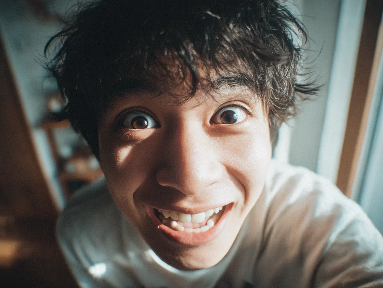 変顔写真・超接写ハイテンション男子｜広角レンズで顔が強調された、目を見開いてにやける変顔写真。パースと表情の誇張が、コミカルさと異様なテンションを醸し出している。