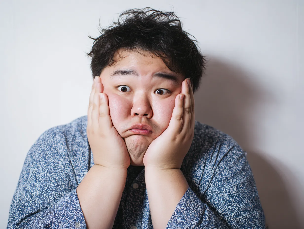変顔写真・むぎゅっと顔押さえ男子｜白背景で、両手で顔を押さえ込んだ状態の変顔写真。ぽってりした輪郭が強調され、ポーズと表情が絶妙なバランスで笑いを誘う。