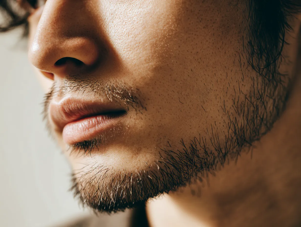 男の髭写真　ナチュラルに生えた口ひげ顎ひげ｜自然に伸ばした口元とあごの髭が、リラックスした大人の雰囲気を漂わせる。光の当たり方が毛並みを柔らかく強調している。