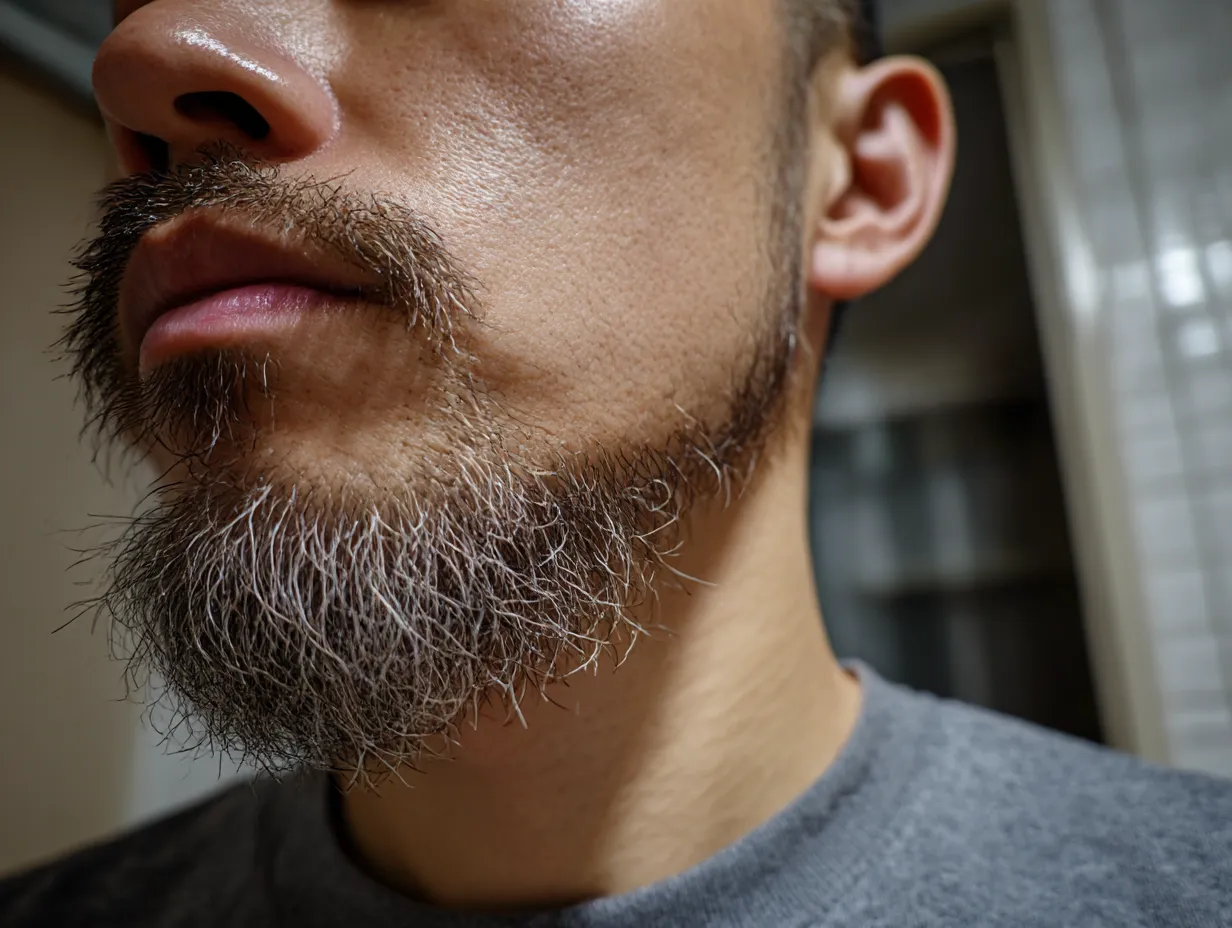 男の髭写真　白髪混じりのリアルな髭｜無造作に伸ばした口ひげと顎ひげに白髪が混ざり、年齢と渋さを表現。自然光の中でリアリティのある風合いが伝わる。