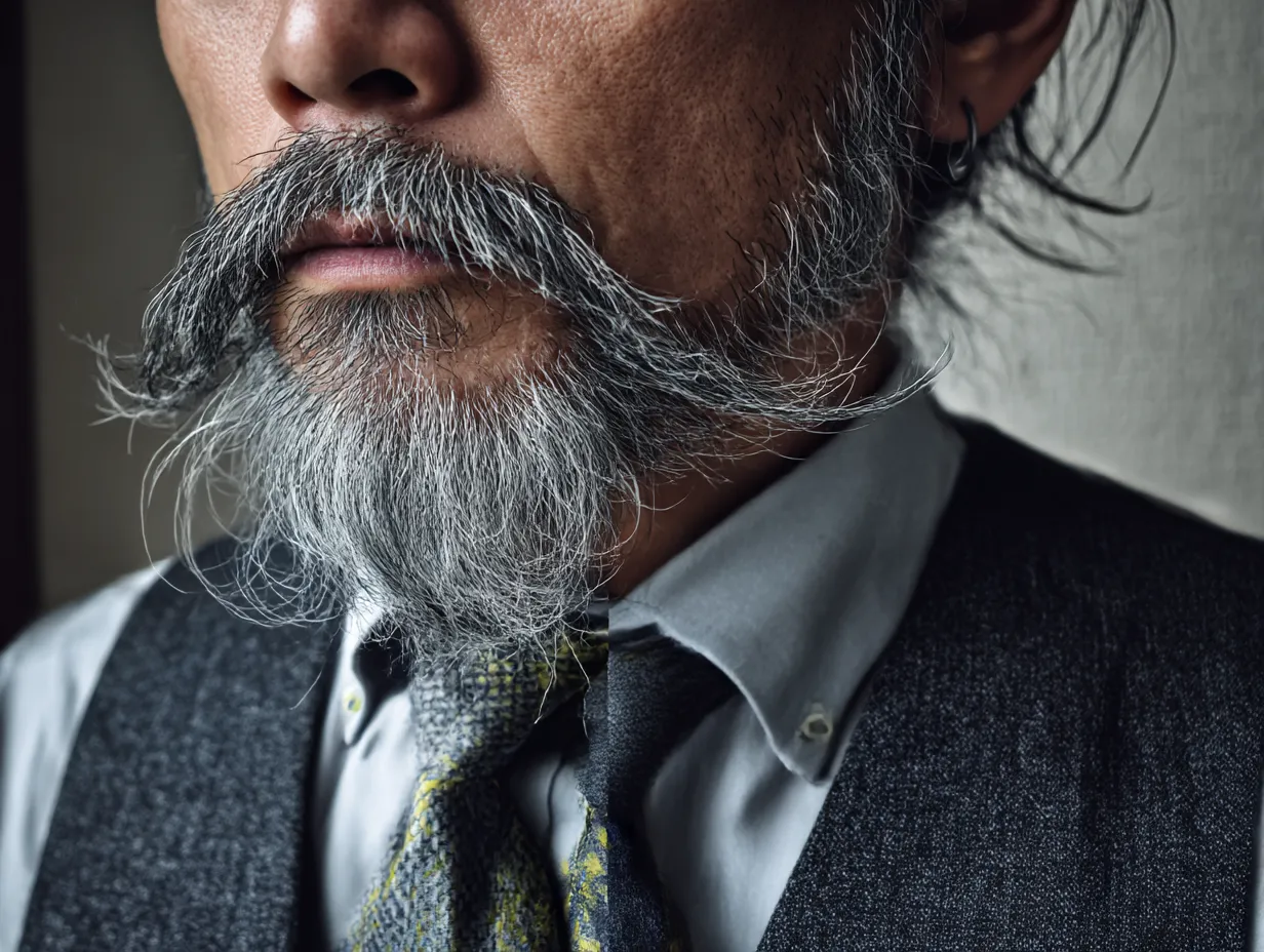 男の髭写真　長く伸ばした紳士の口ひげ｜口ひげが外側に流れる独特のスタイリング。ベストとネクタイの装いと相まって、クラシックで気品あるムードを放つ。