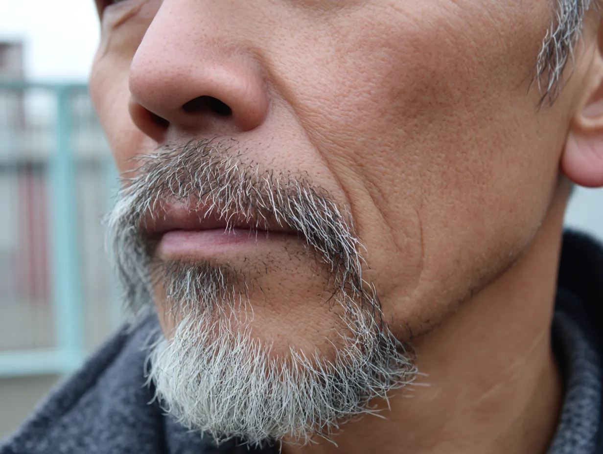男の髭写真　白髪交じりの落ち着いた風格｜白髪の多い口ひげと顎ひげが中年男性の成熟した表情を引き立てる。屋外の自然光で自然な落ち着きを演出。