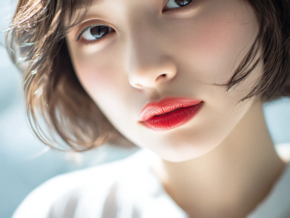 女性のアヒル口写真アップ構図｜赤いリップが印象的なアヒル口を、やわらかな逆光とともに繊細にとらえたアップ写真。肌の透明感と表情の柔らかさがナチュラルに映える仕上がりです。