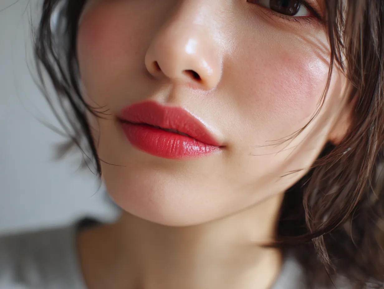 濡れ髪の女性アヒル口写真｜濡れた髪とほてったような頬が特徴的なクローズアップ。アヒル口のリップがツヤ感を際立たせ、生活感と艶っぽさが絶妙に同居する1枚です。