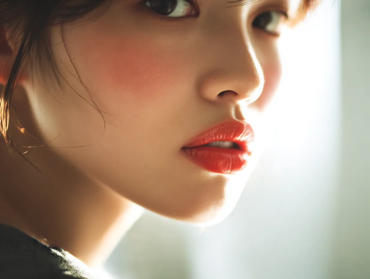 斜光のアヒル口写真ポートレート｜逆光で浮かび上がるアヒル口のフォルムが印象的な構図。暖かみのある光と影がドラマチックで、少女らしさと芯の強さを感じさせる画風です。