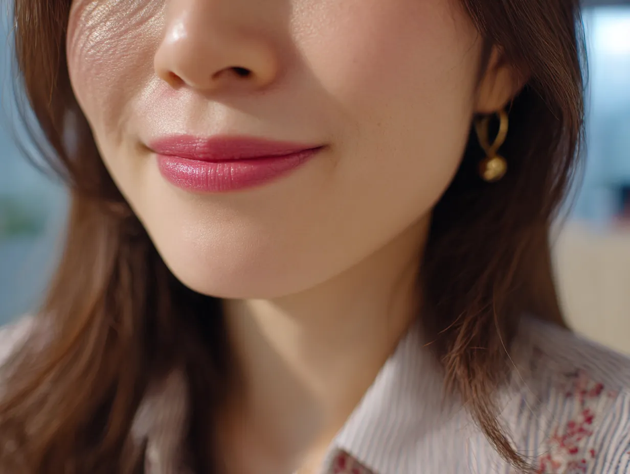 大人女性のアヒル口写真スマイル｜さりげない微笑を浮かべたアヒル口の表情が優しく印象的。健康的なリップと整った肌が美しく、親しみやすいポートレートスタイルです。