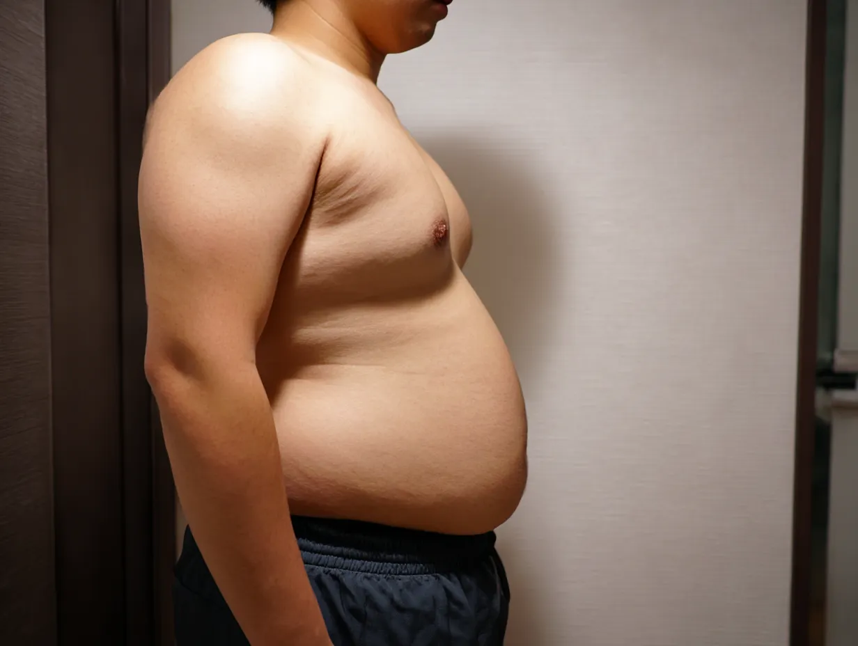 男性の便秘お腹ぽっこり写真1｜室内のやわらかな照明下で撮影された男性の横向き構図。腹部のふくらみが強調され、リアルで生活感のあるスタイルが特徴的なビジュアルです。