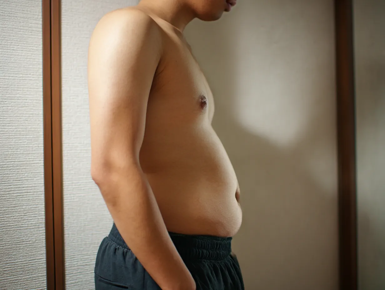 男性の便秘お腹ぽっこり写真2｜壁際で立つ姿を自然光で捉えた一枚。腹部の張りと全体のシルエットがシンプルに表現され、静かで観察的な雰囲気が漂います。