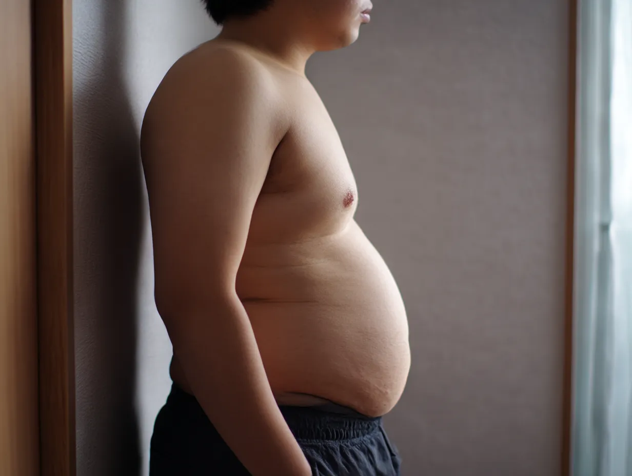 男性の便秘お腹ぽっこり写真3｜柔らかな朝の光が差し込む室内で、横向きに立つ男性のぽっこりお腹が印象的。陰影のある自然なトーンで構成されています。