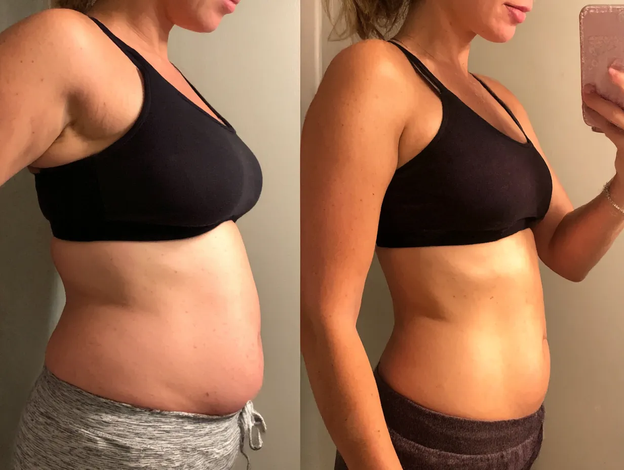 女性の便秘お腹ぽっこり写真比較2｜側面アングルでのビフォーアフター。明るい室内で肌の質感とフォルムの変化を捉え、健やかでポジティブな雰囲気を演出しています。