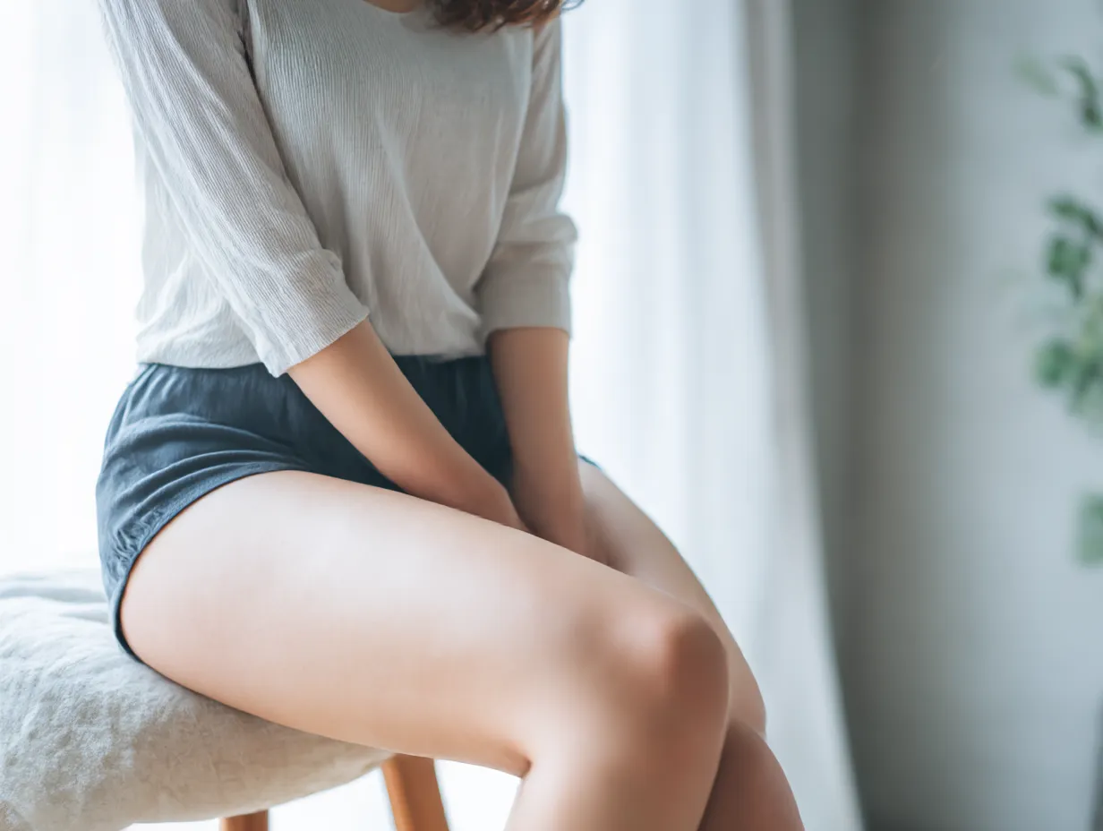 部屋着女性の太モモ写真自然光｜柔らかい光が差し込む部屋の中で椅子に座る女性の姿。リラックスした姿勢が太もものなめらかな質感を際立たせ、優しい印象を与えます。