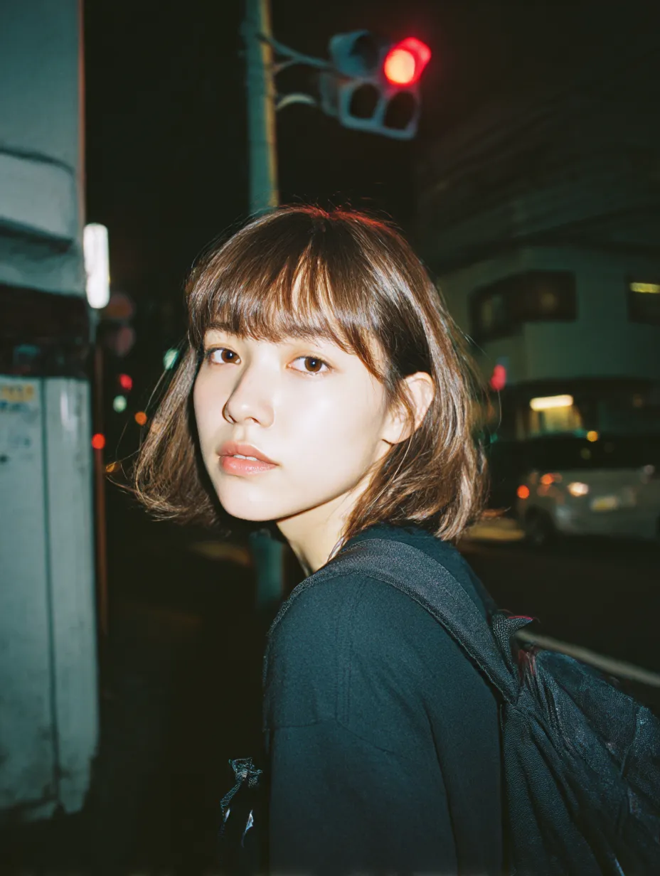 キツネ顔写真・ネオンの街角のまなざし｜夜の街角でストロボを浴びたキツネ顔写真。赤信号の照り返しと冷たい視線が、都会の孤独とクールな個性を強く印象づけるストリート感ある仕上がり。