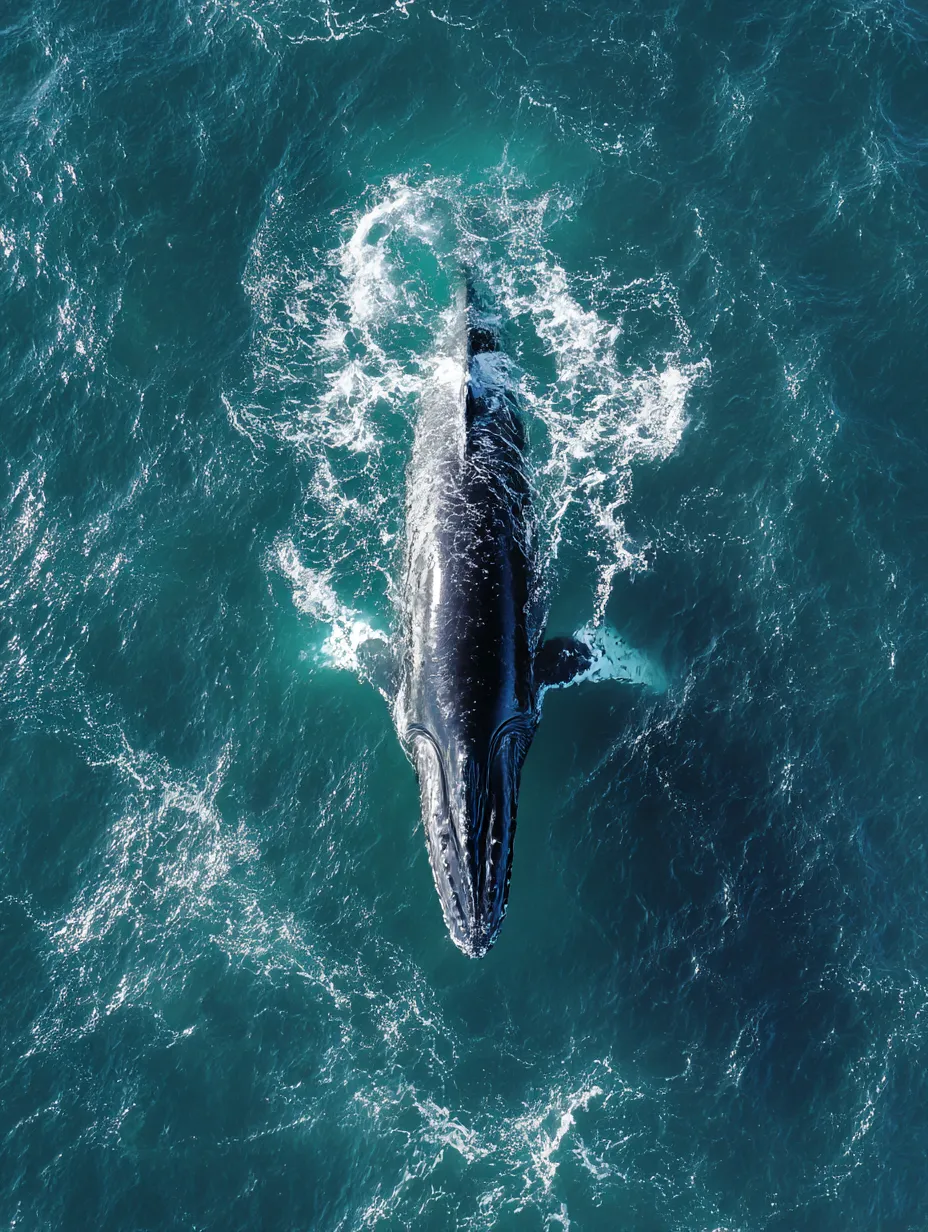 クジラ写真：蒼海に浮かぶ巨影｜透き通るような水面の広がりとクジラの存在感が調和し、静寂と力強さが同居するような写真。クジラという命の重みを感じさせる作品。