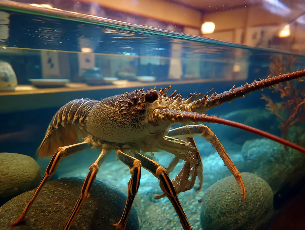 エビ　写真　生け簀で静かに構える威厳｜和食店の水槽にいる伊勢海老の写真。重厚な殻と鋭いひげが力強く、エビの写真から高級感と緊張感が漂います。