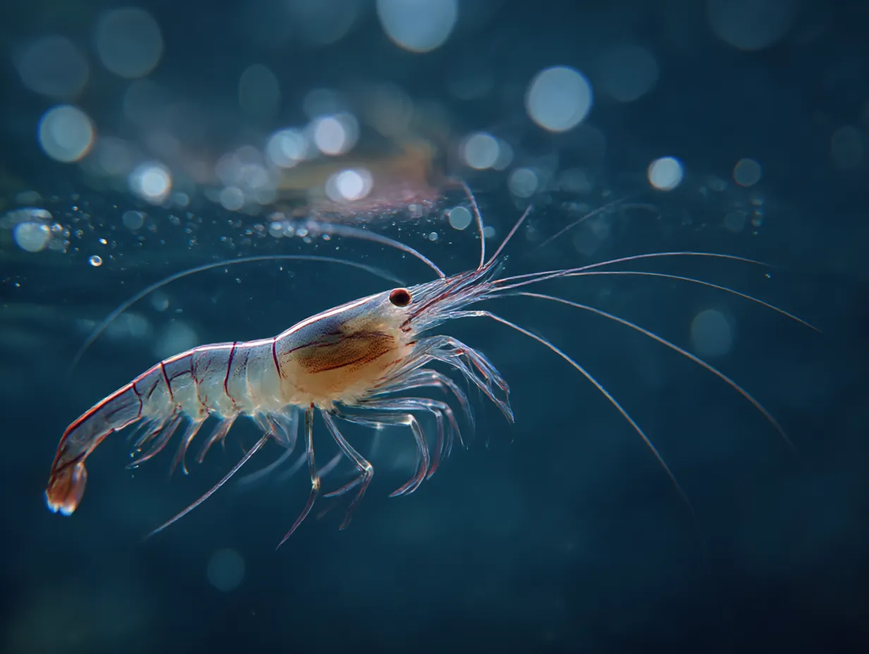 エビ　写真　海中に舞う透明な精霊｜青い海に漂う透明感のあるエビの写真。光と泡の粒子が幻想的で、エビの写真に夢のような浮遊感が広がります。