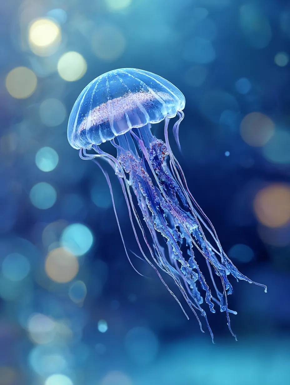 クラゲ　写真　光に漂う透明な命｜淡い光の粒が広がる中、浮遊するクラゲの写真。幻想的な雰囲気が魅力で、クラゲの写真が神秘的な海中世界を映し出しています。