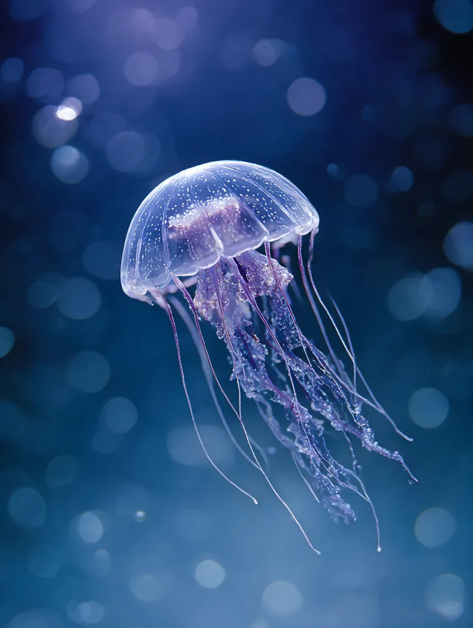 クラゲ　写真　静寂に揺れる淡紫の影｜紫がかった透明な体が静かに揺れるクラゲの写真。静けさと優雅さが溶け合い、クラゲの写真が心を穏やかにします。