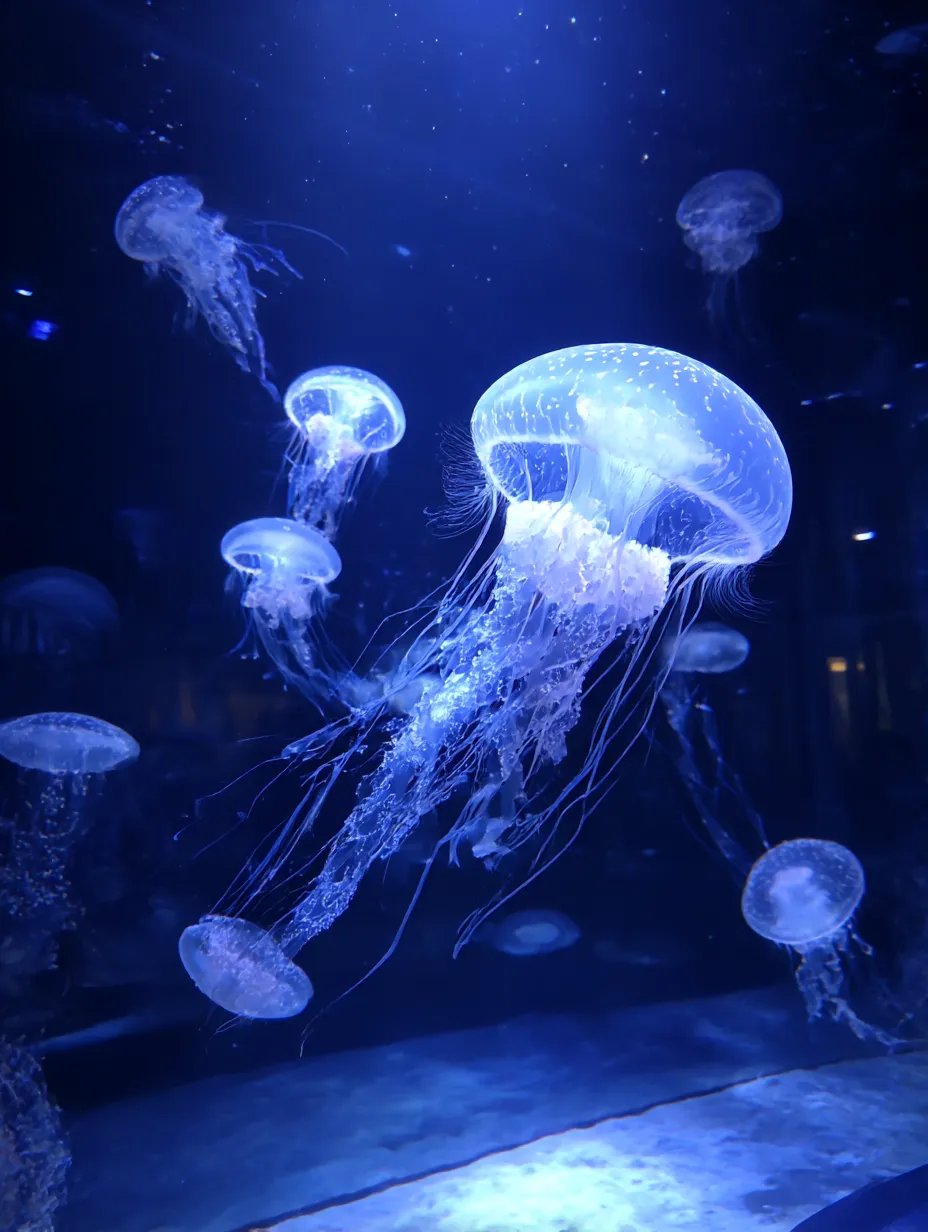 クラゲ　写真　水槽に舞う群れの優雅｜水族館の青い照明に照らされた複数のクラゲの写真。集団の優雅な動きが美しく、クラゲの写真が空間全体を幻想で包みます。