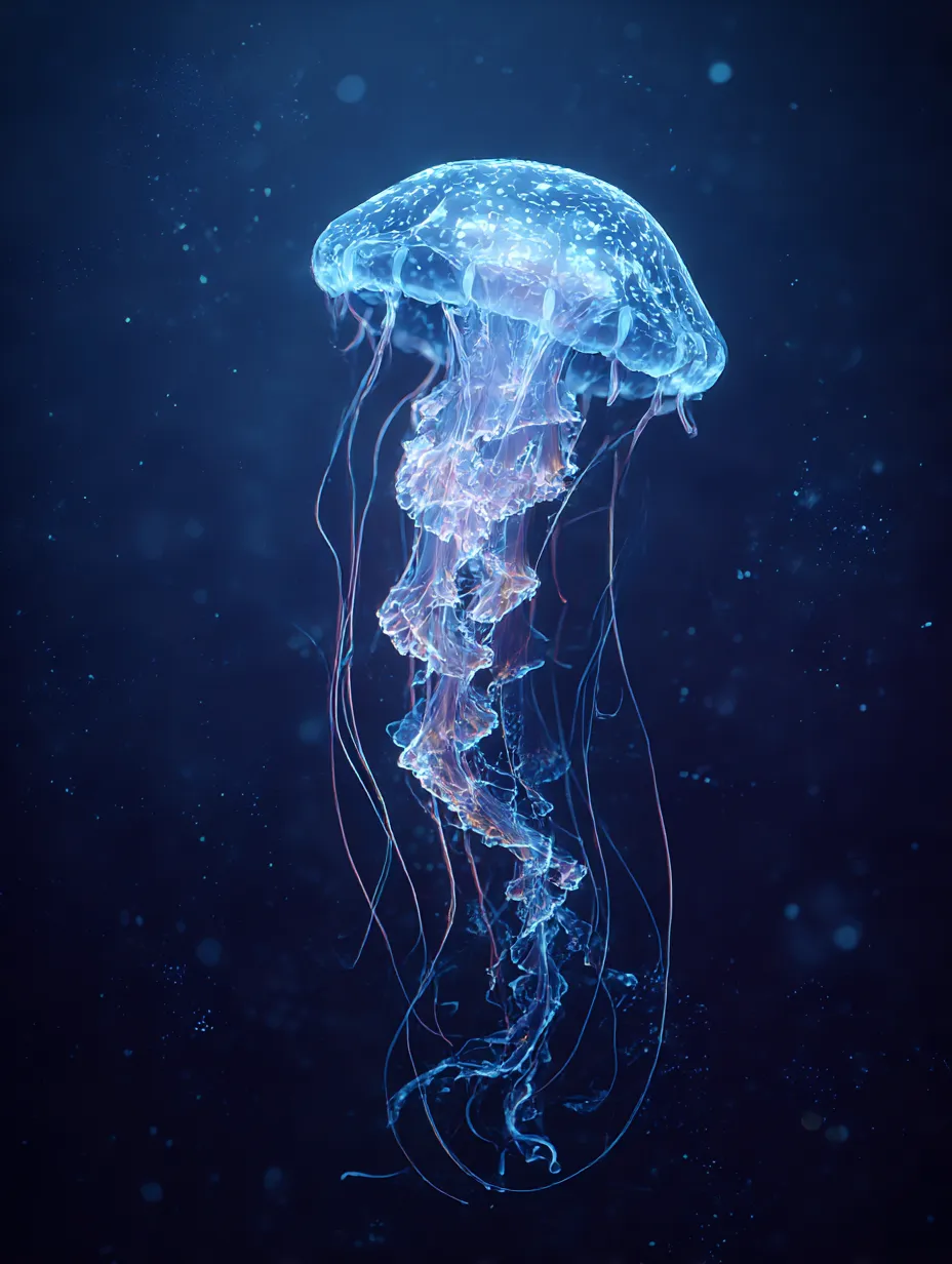 クラゲ　写真　深海に咲く光の造形｜深い青の中で美しく発光するクラゲの写真。繊細な触手のラインが印象的で、クラゲの写真にアートのような静寂が漂います。