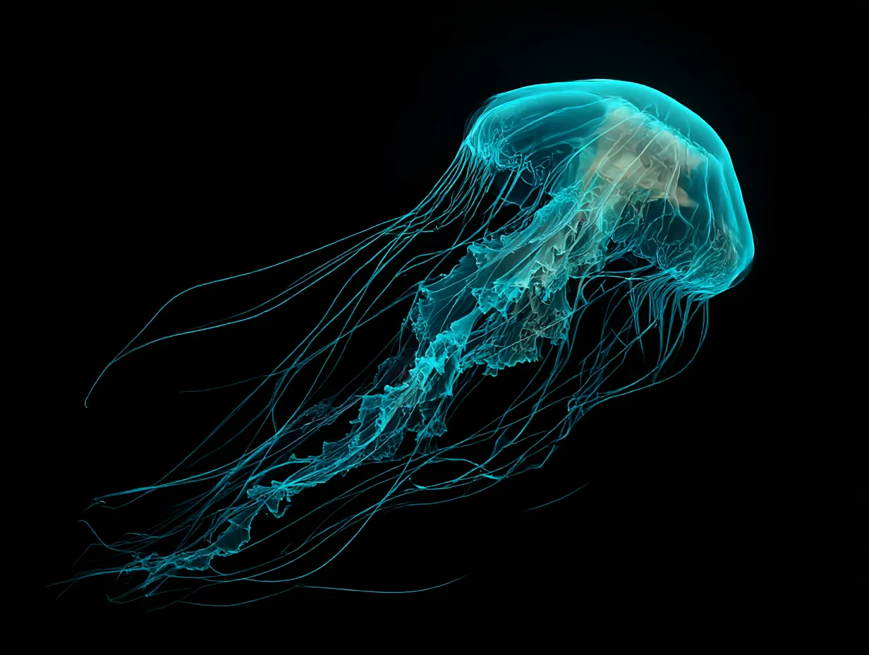 クラゲ　写真　黒の闇に浮かぶ青の線｜黒背景に浮かび上がるブルーのクラゲの写真。輪郭が際立ち、クラゲの写真が静寂とシャープな美を引き立てています。
