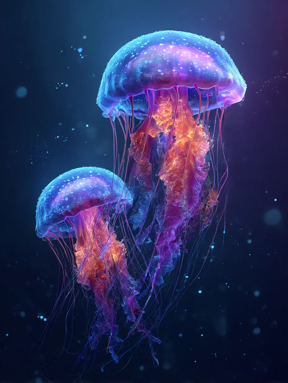 クラゲ　写真　幻想色に染まる二体の舞｜青と紫に発光する2匹のクラゲの写真。幻想的な色彩が際立ち、クラゲの写真がまるで夢の中のような世界を表現しています。