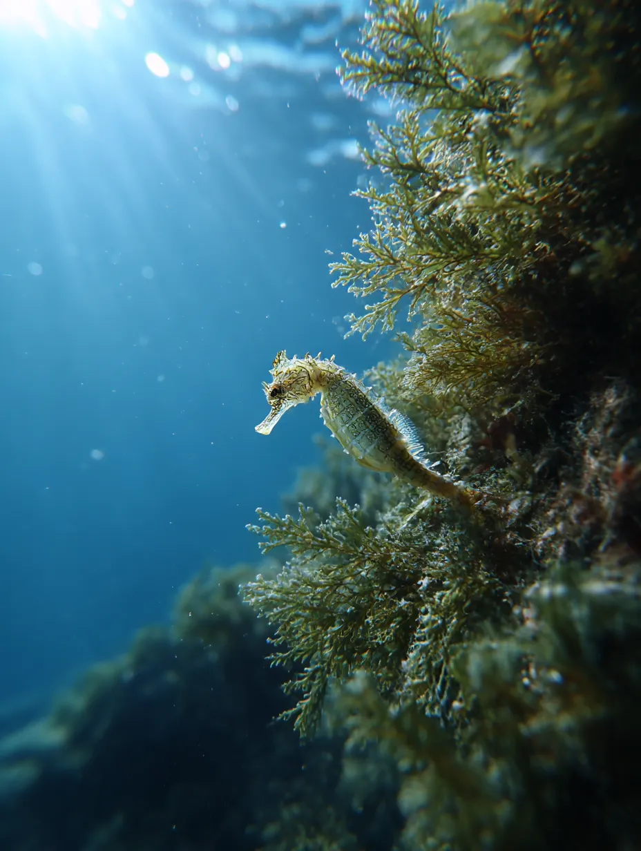 海中を漂うタツノオトシゴの写真｜透明感あるブルーの海中で、タツノオトシゴが海藻に身を寄せている静かなワンシーン。タツノオトシゴの自然な佇まいが「写真」に収められ、海中の幻想的な光景を感じさせます。
