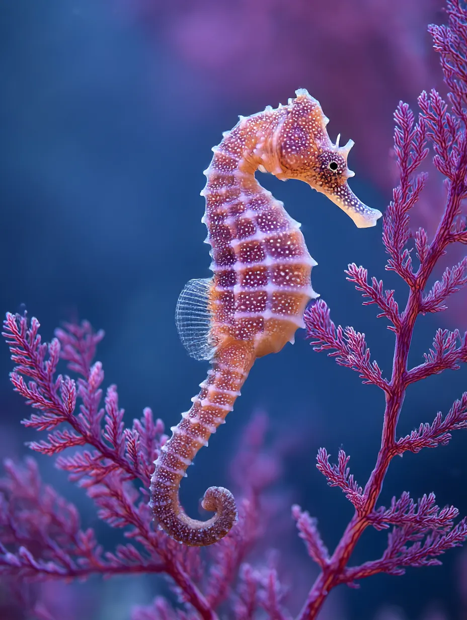 幻想的なタツノオトシゴの写真｜鮮やかなピンクの珊瑚と背景が、タツノオトシゴの美しい模様を引き立てる「写真」。まるでファンタジーの世界にいるような夢幻的な雰囲気を醸し出しています。