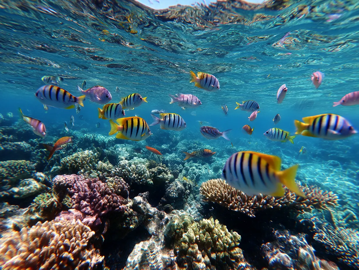 サンゴ礁とカラフルな魚の海写真｜透明な海と美しいサンゴ礁の中を、縞模様のカラフルな魚たちが自由に泳ぐ光景を写した写真。魚たちの躍動感と海の輝きが印象的です。