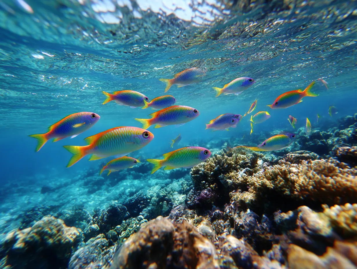 虹色の小魚たちの海中写真｜虹のような発色を持つ小魚たちが群れで泳ぐ様子が写された海の写真。魚の美しさと海の透明感が調和する幻想的な雰囲気を感じられます。