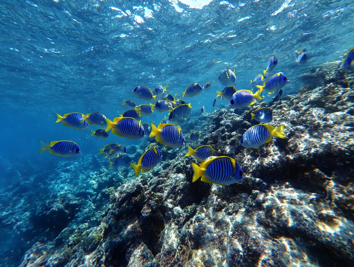 青と黄色の魚が泳ぐ海の写真｜青と黄色の鮮やかな魚たちが岩場の上を泳ぐシーンを捉えた海の写真。魚の色彩と海底の奥行きが爽やかで明るい印象を与えてくれます。