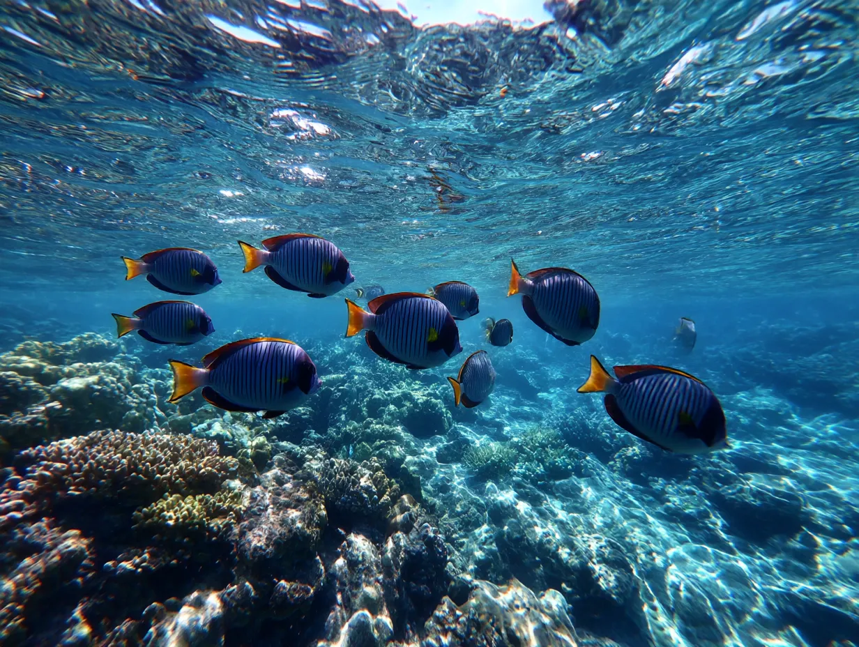 静かに漂う縞模様の魚の海写真｜縞模様の魚たちが穏やかな海中をゆったりと漂う姿を撮影した写真。魚と海が織りなす静寂で優雅な時間が感じられます。