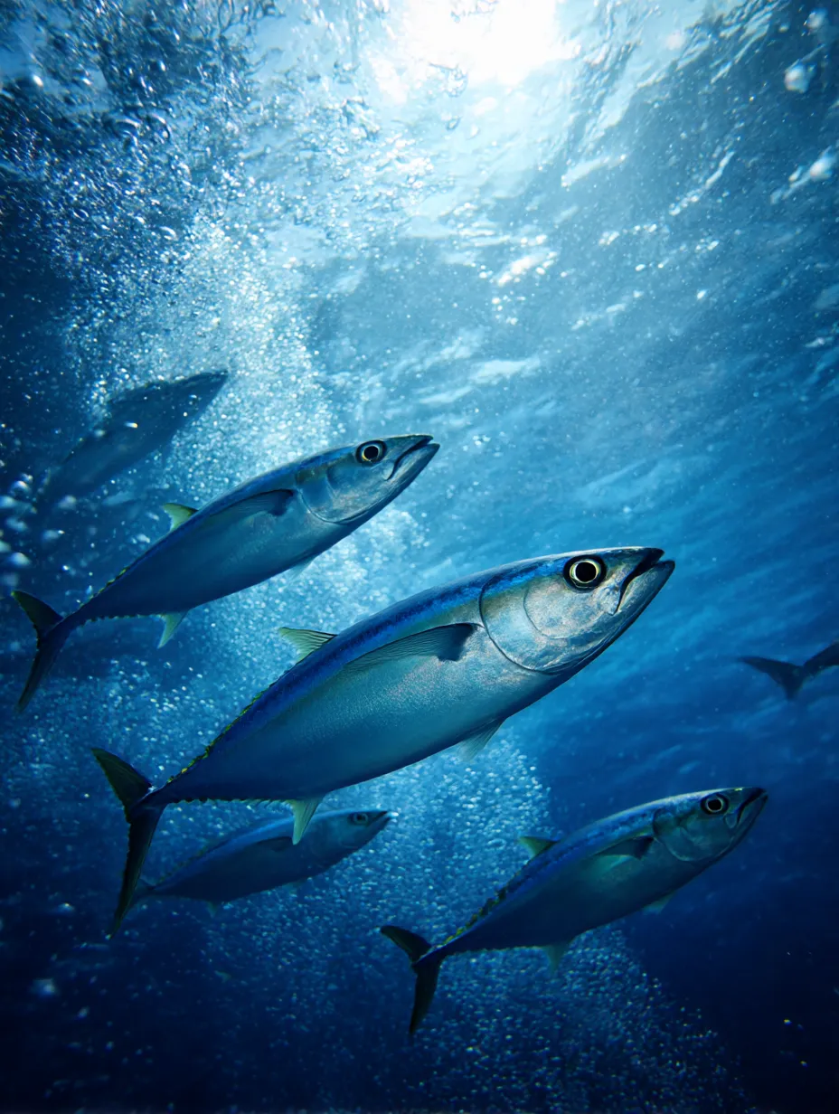 群れ泳ぐマグロの海中写真｜マグロの群れが海中を俊敏に泳ぐダイナミックな瞬間を捉えた魚と海の写真。力強さと美しさが交差する生命の息吹を感じさせる構図です。