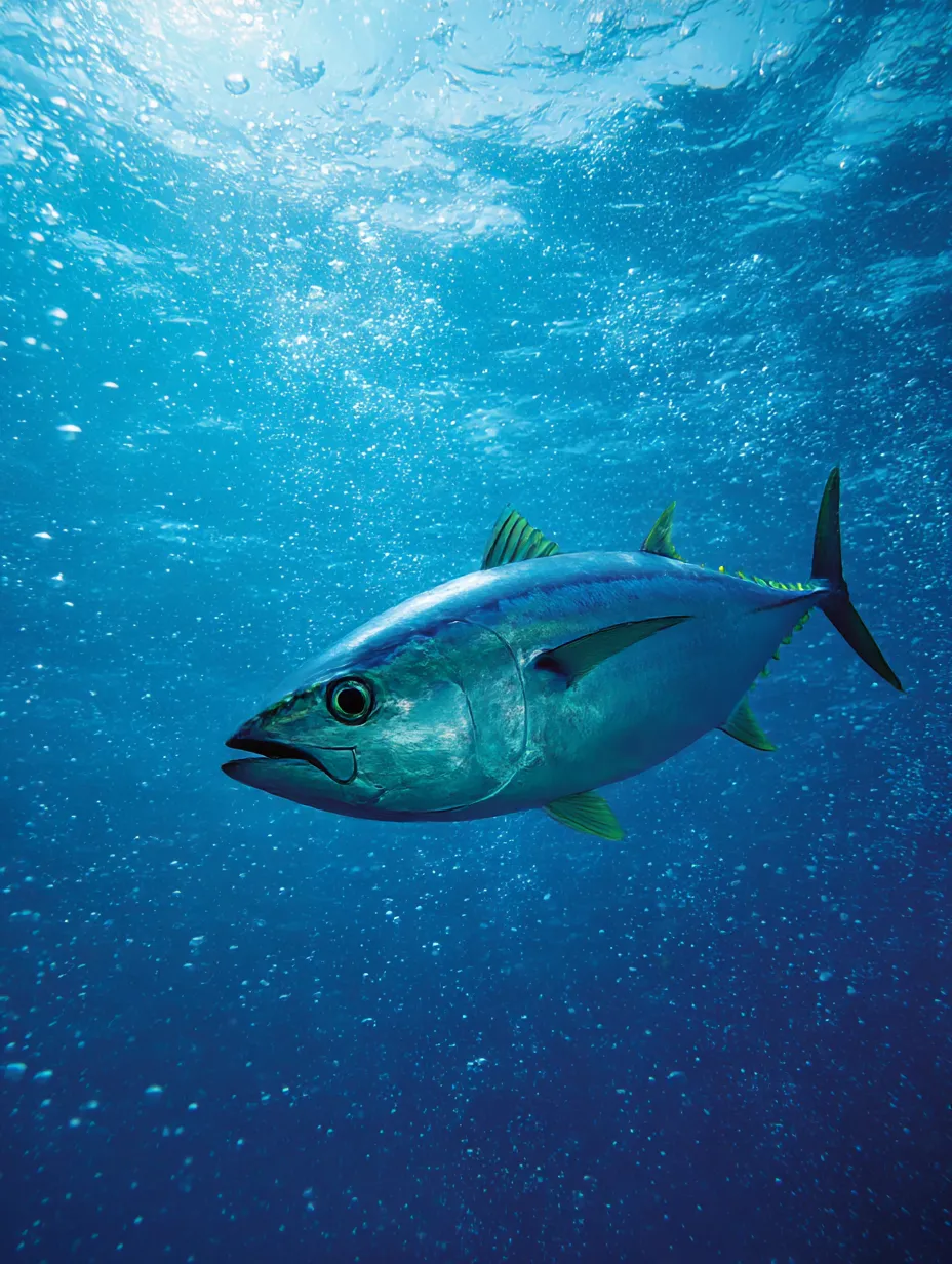 躍動する一匹のマグロの海写真｜水中に浮かび上がるような構図で、一匹のマグロが躍動的に泳ぐ姿が写された写真。広がる海と魚の迫力が印象深い一枚です。