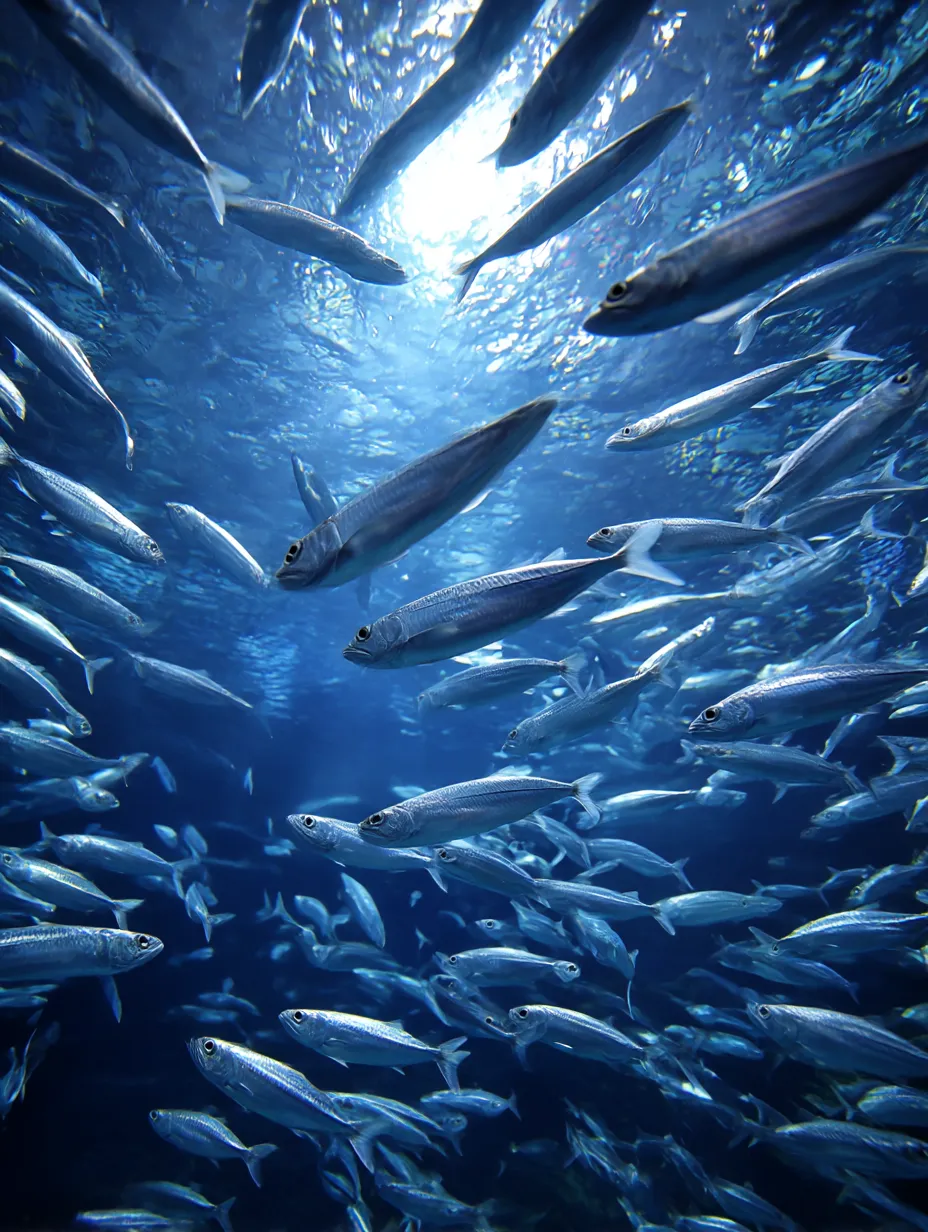 無数のイワシが群れる海の写真｜光を受けてきらめくイワシの大群が、広大な海の中を舞うように泳ぐ幻想的な魚の写真。海の奥深さと自然の神秘が伝わってきます。