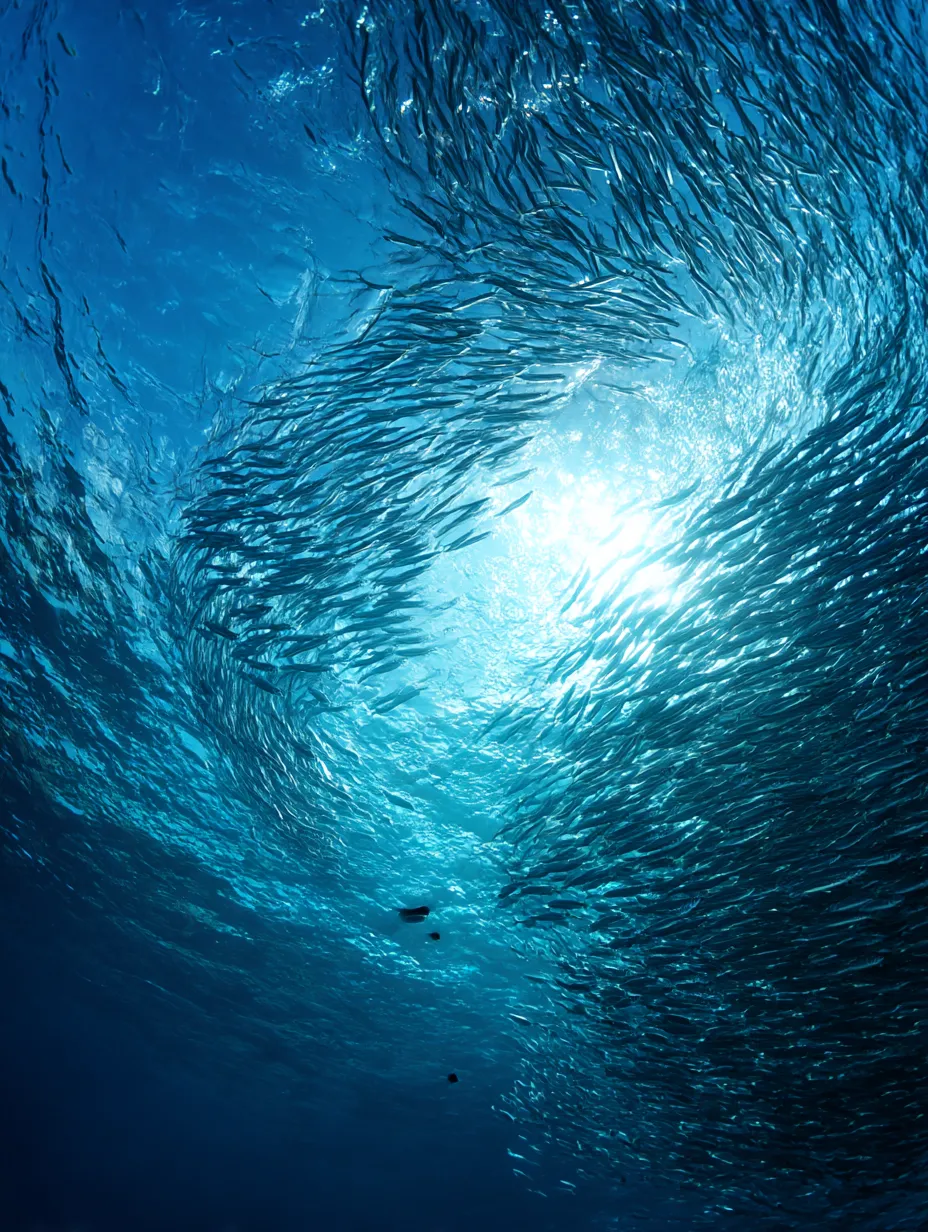 渦巻くイワシの群れの海中写真｜太陽の光を背に、渦を描くように群れをなすイワシの壮観な海中写真。無数の魚と青く澄んだ海のエネルギーに圧倒される光景です。