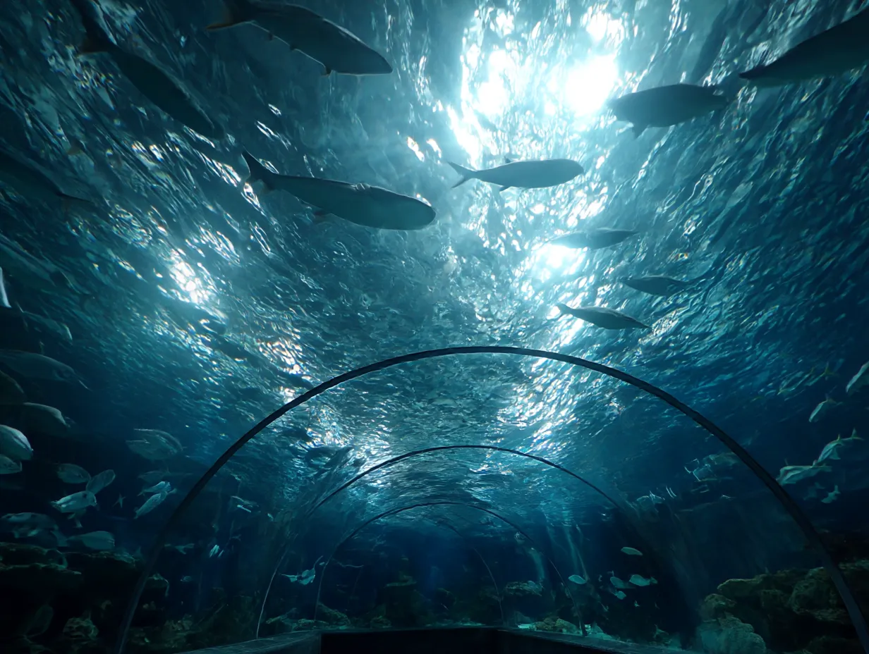 水族館トンネルと泳ぐ魚の写真｜水族館のガラストンネルの上を魚たちが悠々と泳ぐ姿を捉えた写真。まるで海の中を歩いているかのような没入感が味わえます。