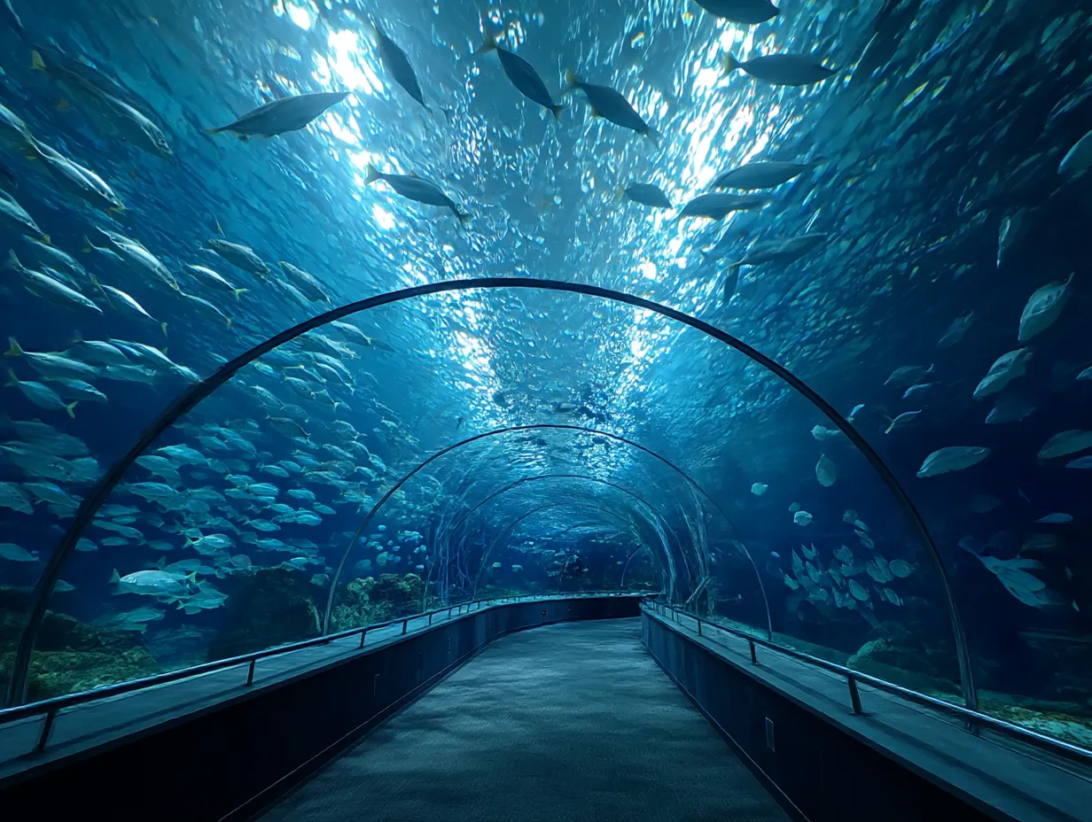 群れ泳ぐ魚が見える水族館写真｜光のきらめきとともに、無数の魚が左右を泳ぐ迫力ある水族館の写真。魚の動きとトンネルの奥行きが幻想的な空間を生み出しています。