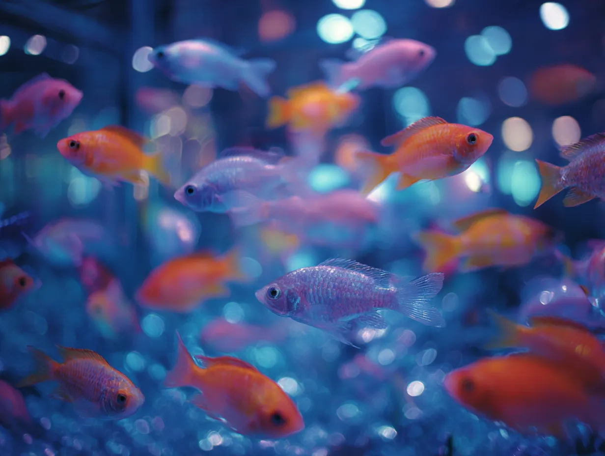 光の中で泳ぐ金魚たちの水族館写真｜鮮やかな照明の中、金魚たちが浮遊するように泳ぐ水族館の写真。幻想的な光と魚の組み合わせが夢のような空間を感じさせます。