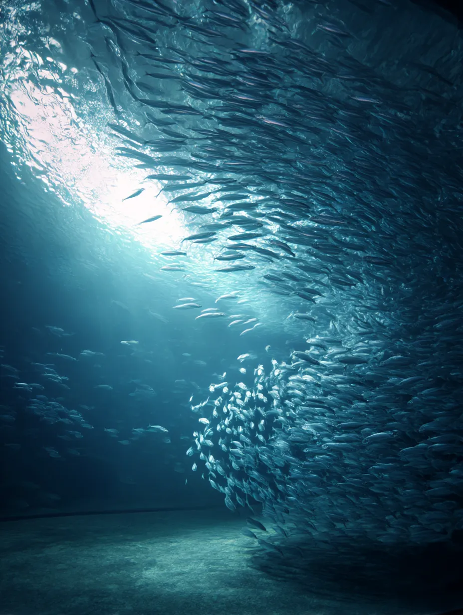 大群の魚が舞う水族館トンネル写真｜水族館の巨大水槽で魚の大群がうねるように動く光景をとらえた写真。魚の密度とトンネルの照明が迫力と神秘さを表現しています。